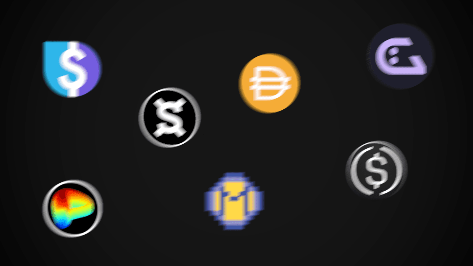 stablecoins from top left to bottom right: Liquity, crvUSD, Frax, MIM, DAI, EthenaUSD, GHO